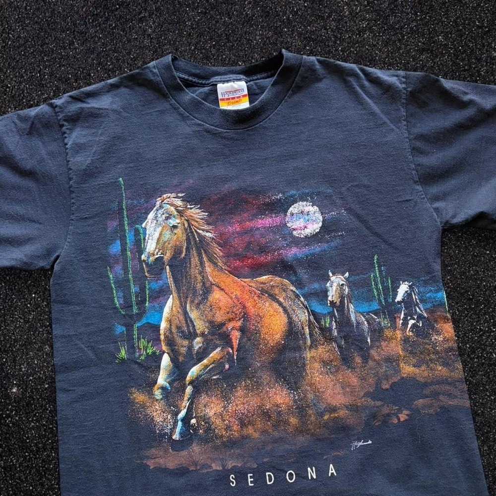Vintage Hazelwood Sedona Arizona Wild Horse Graphic T-Shirt Black Large USA Made - Picture 2 of 6